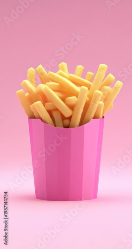 Minimalist French Fries in Pink Container on Pink Background.