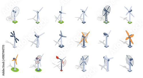 Isometric Illustrations of Wind Turbines in Various Styles with Different Designs