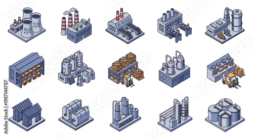 Isometric industrial facilities and factories illustrations showing various processes and production