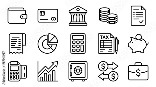  Finance and Business Line Icon Set with Banking, Analytics, Investment and Money Management Symbols for Corporate and Economy Concepts