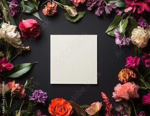 Floral frame with blank card on black background, vibrant colors.