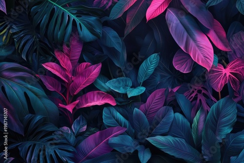 Lush Tropical Foliage with Vibrant Pink and Teal Leaves in a Dark Setting.