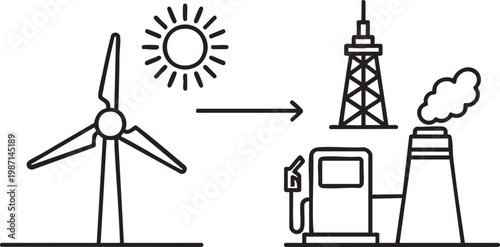 Renewable energy wind turbine vs fossil fuel factory icon