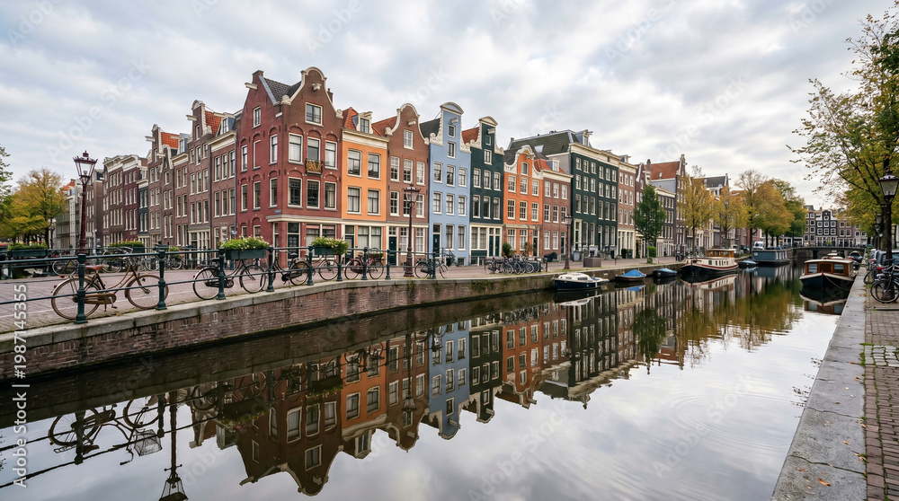 Fototapeta premium Maisons traditionnelles d'Amsterdam au bord du canal