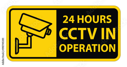 Yellow CCTV Warning Sign Indicating Continuous Surveillance Operation