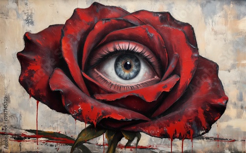 Red rose with eye at center dripping blood on textured background.