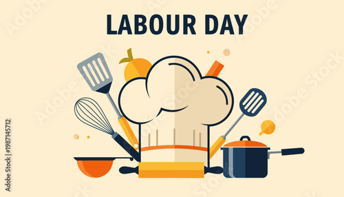 Culinary workers celebrate labour day with cooking tools in modern flat design composition