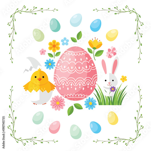 Easter bunny and chick with eggs.