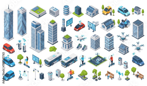 Isometric smart city scene creator vector kit with buildings people and ob