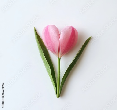 Heart-shaped pink tulip flower with green leaves on white background.