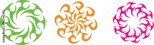 Three vibrant circular tribal tattoo designs displayed in green orange and magenta colors featuring intricate swirling patterns arranged in a symmetrical radial formation that demonstrates artistic fl