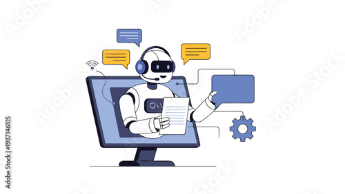 Chatbot robot on a computer screen providing customer support and handling inquiries, illustrating AI assistance.
