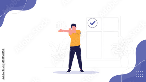 Young man stretching his arms in a bright room, demonstrating a simple home exercise for physical well-being.