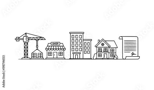 Real estate outline icons with construction crane apartment shop townhouse and property contract vector set