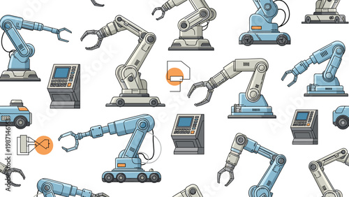 Seamless pattern featuring various robotic arms and control panels, symbolizing industrial automation and technology.