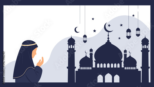 Muslim woman praying peacefully in profile in front of a serene mosque at night, with a crescent moon and lanterns.