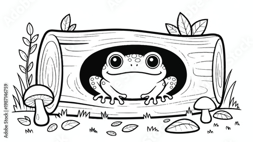 A cartoon frog sitting in a hollow log surrounded by mushrooms and leaves