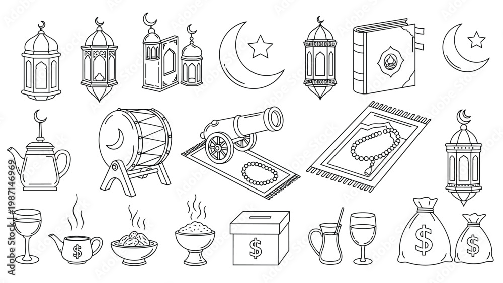Fototapeta premium Large set of line art icons depicting various elements related to Ramadan, Islamic culture, and Muslim traditions.