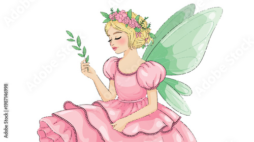 A fairy in a pink dress holding a leaf