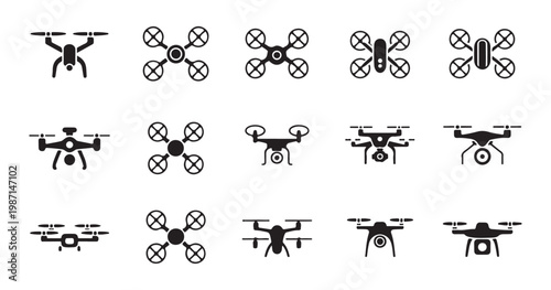 Drone silhouettes set collection of unmanned aerial vehicle icons for aircraft tech remote control.