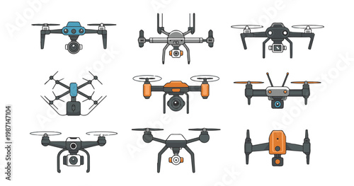 Professional colorful drone icons collection featuring detailed quadcopter designs with hd cameras.