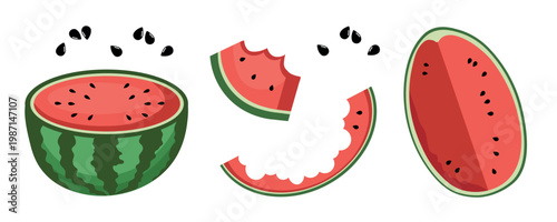 Watermelon set with half fruit and bitten slices seeds and pieces flat design fresh summer fruit isolated on white background healthy food concept