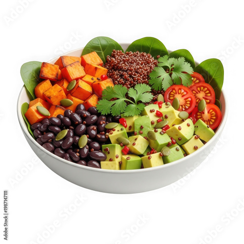 Fresh colorful salad bowl with chickpeas nuts and vegetables on white plate fresh vegetables