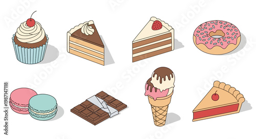 Illustration of various delicious desserts including cakes, donuts, and macaroons design