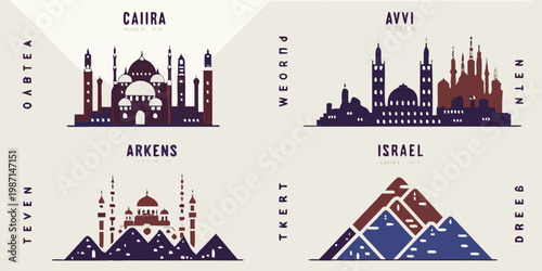 Illustrative depictions of famous city skylines with unique architectural styles