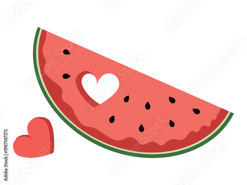 Watermelon slice illustration with heart shape cutout red flesh black seeds and green rind flat design cute summer fruit isolated on white background love concept