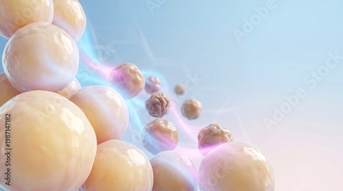 Abstract fat cells floating in soft gradient background with empty space for text, adipose tissue concept, biology science.