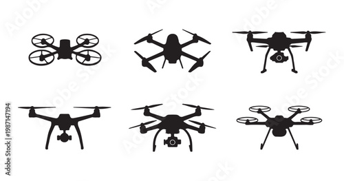 Black silhouette drones set collection featuring various quadcopter and multicopter aircraft shapes.