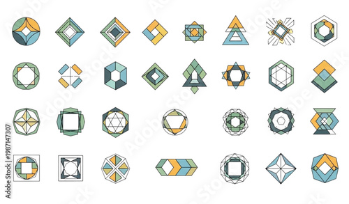 Geometric logo elements and badge vector kit with modern flat design symbols collection isolated on white