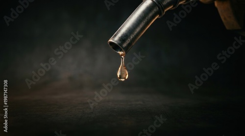 Fuel nozzle dripping last drop of gasoline on dark background with copy space, energy crisis concept, oil shortage.