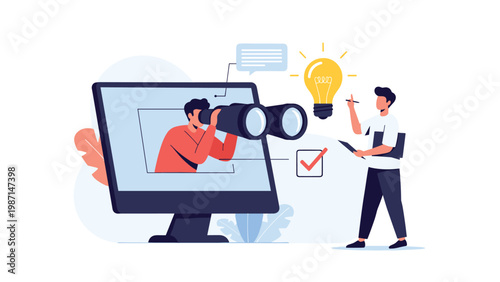 Man looking for ideas and opportunities on a computer screen, with a lightbulb and checklist, symbolizing research and innovation.
