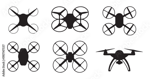 Set of various drone icons in different styles and perspectives on a grey checkered background.