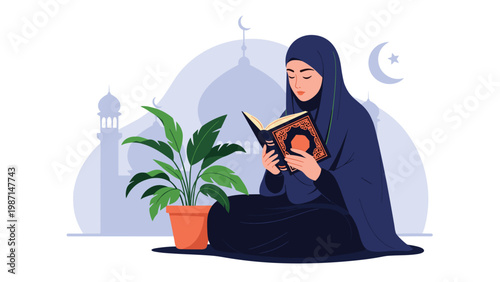 Serene Muslim woman reading the Holy Quran peacefully while sitting in a beautiful mosque setting.