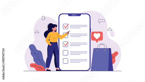 Woman completing a digital checklist on a large smartphone screen, ready for online shopping and task management.