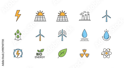 Illustrated Icons Depicting Renewable Energy Sources and Sustainable Practices