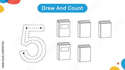 Educational worksheet for children to draw and count the number 5, using five illustrated books as examples.