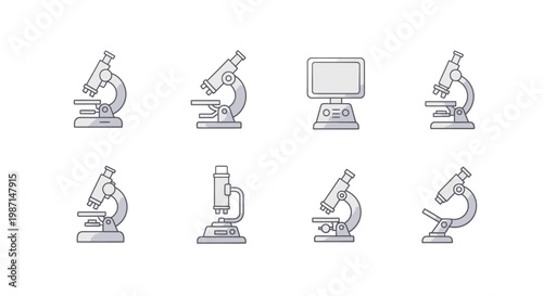 Illustrated scientific equipment including various microscope designs on a white background