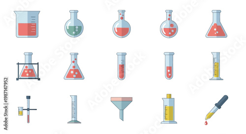 Illustrated scientific laboratory tools and equipment with various colored fluids and solutions