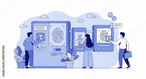 People interacting with biometric identification systems for security.