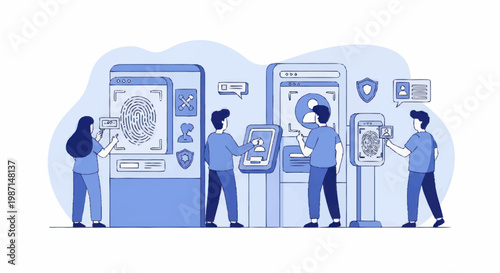 People interacting with biometric security scanners and digital interfaces.