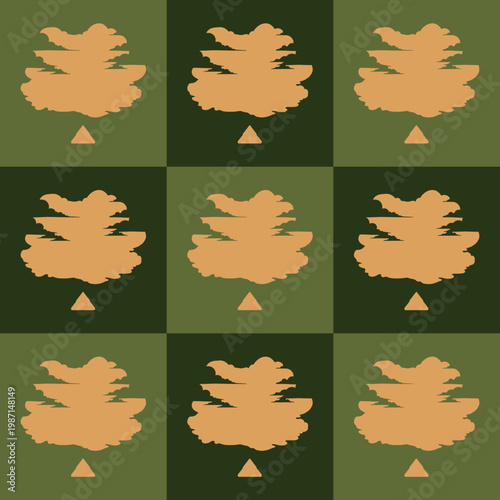 Abstract Tree Pattern on Green Checkered Background
