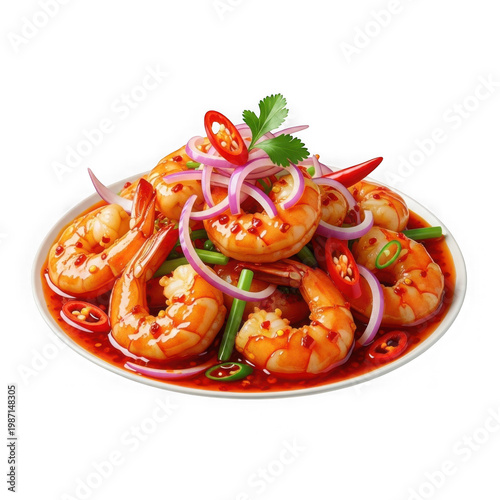 Steaming bowl of golden shrimp noodles with vegetables and herbs on dark background
