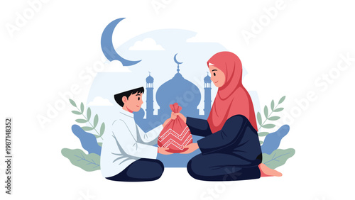 A kind Muslim woman generously gives a gift to a young boy, celebrating generosity and community during a religious observance.