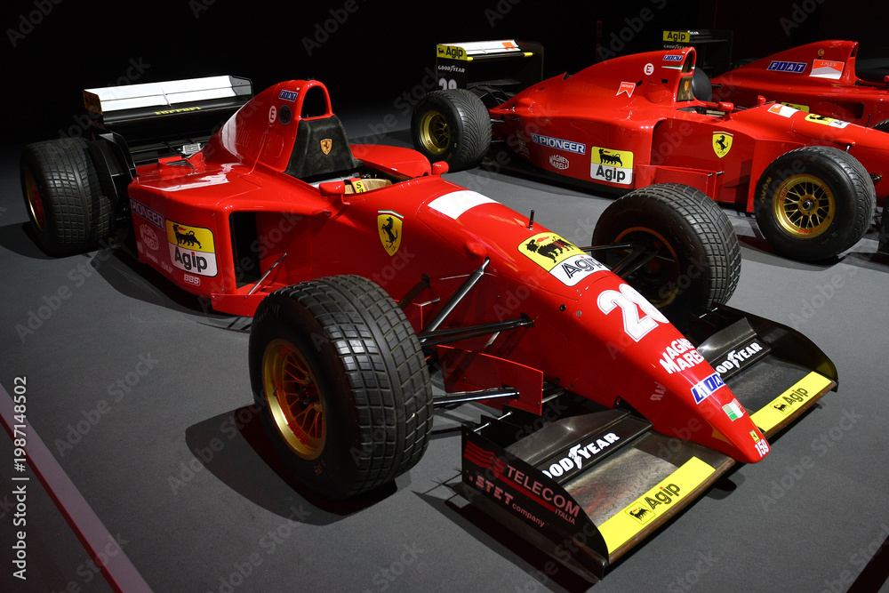 Fototapeta premium Scarperia, Italy - October 24th 2025: Ferrari 412 T2 ex Jean Alesi and Gerhard Berger on display during Ferrari World Finals 2025 at Mugello Circuit in Italy.