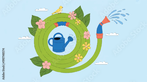 Cartoon garden hose watering flowers and a watering can on a light blue background