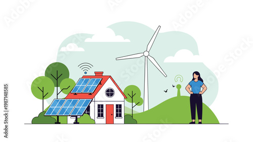 A modern house with solar panels and a wind turbine, with a woman observing, symbolizing sustainable energy and green living.